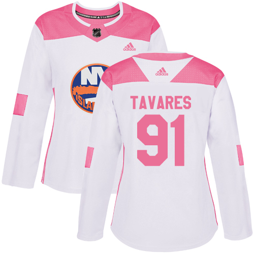 Adidas Islanders #91 John Tavares White/Pink Authentic Fashion Women's Stitched NHL Jersey